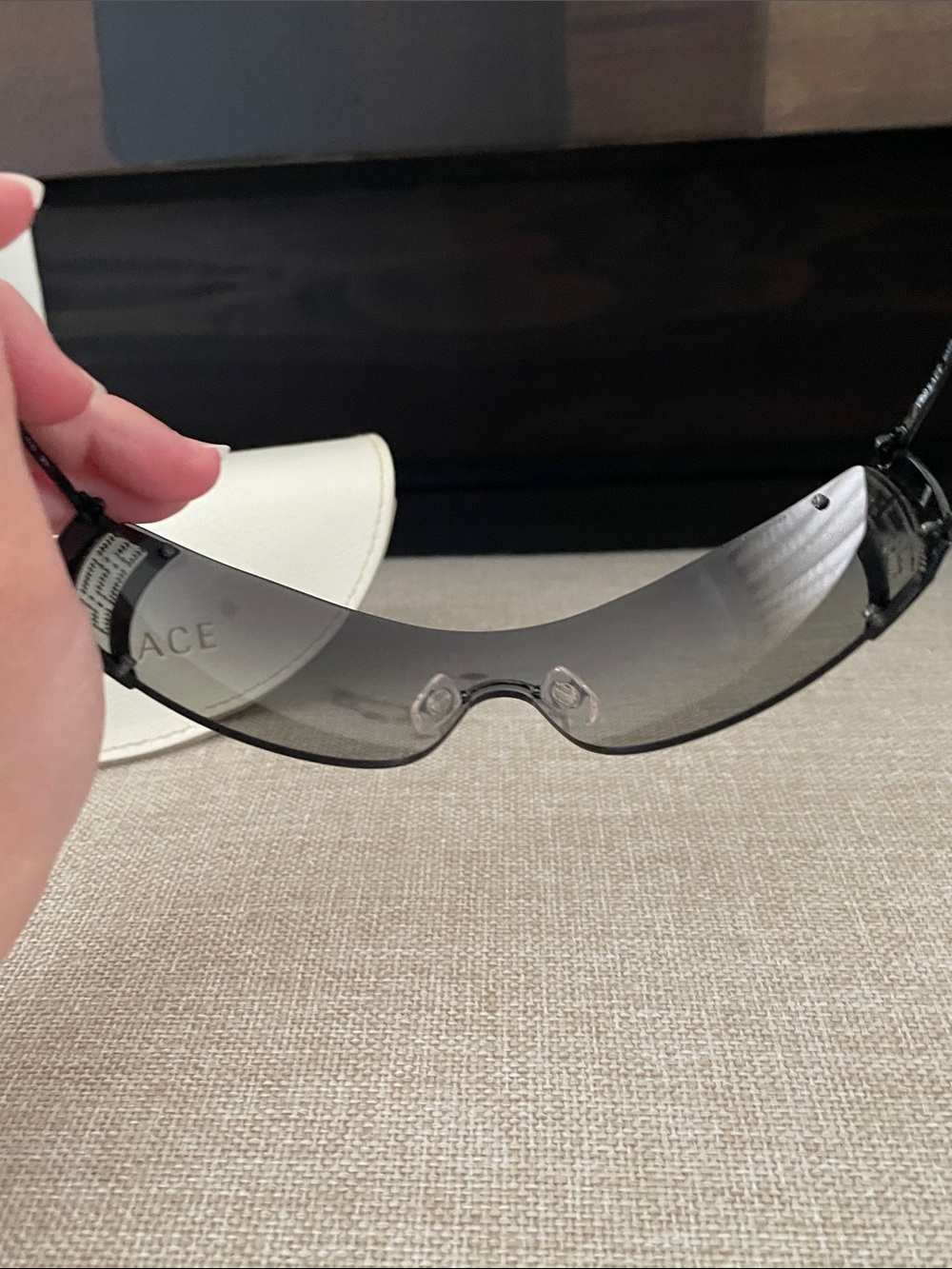 Versace Black Shield Sunglasses with Smoke Lenses and Silver Crystal Temples - Picture 5 of 6